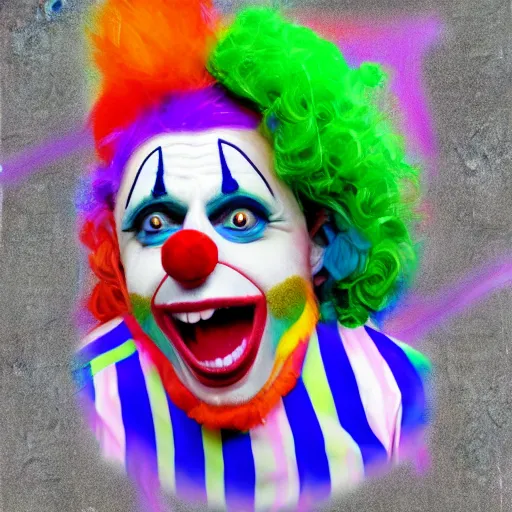 Image similar to A colorful clown, crazy, funny, stupid, digital art