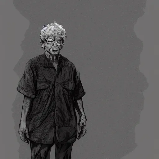 Prompt: detailed half body digital art of a old person wearing ragged and ruined clothes. the background is pure black with a little bit of glow behind the character