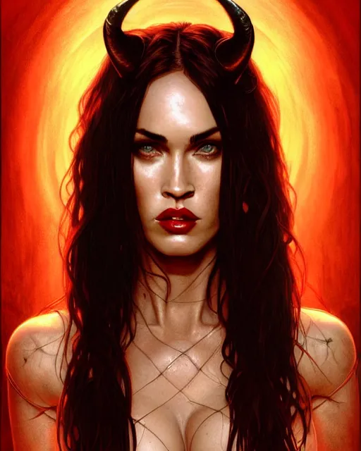 Prompt: portrait of megan fox as purgatori, vampire, horns, red skin, chaos comics, coffin comics, hell, intricate, headshot, highly detailed, digital painting, artstation, concept art, sharp focus, cinematic lighting, illustration, art by artgerm and greg rutkowski, alphonse mucha, cgsociety