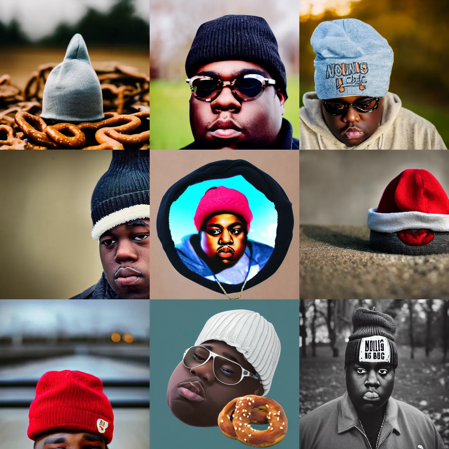 Prompt: notorious b. i. g. is a beanie worn by a pretzel, photorealistic, soft focus, depth of field,