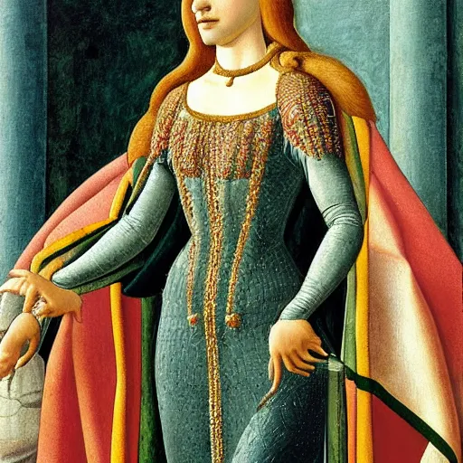 Image similar to portrait of tyrannosaurus dressed as an italian queen, painting by botticelli