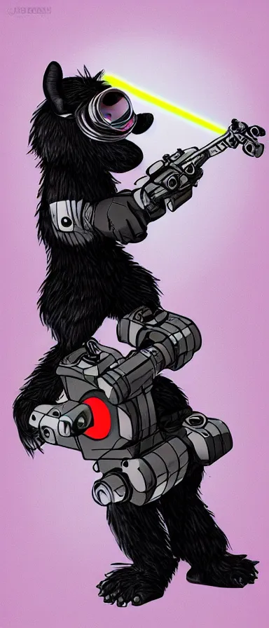 Image similar to “ furry monster character holding laser gun, floating alone, with a black dark background, digital art, award winning, trending on art station ”