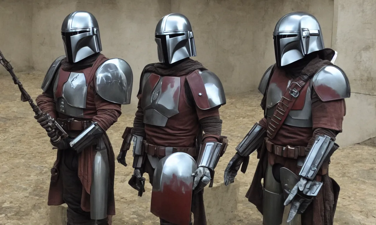 Image similar to Janusz Gajos standing with mandalorian helmet in his hands