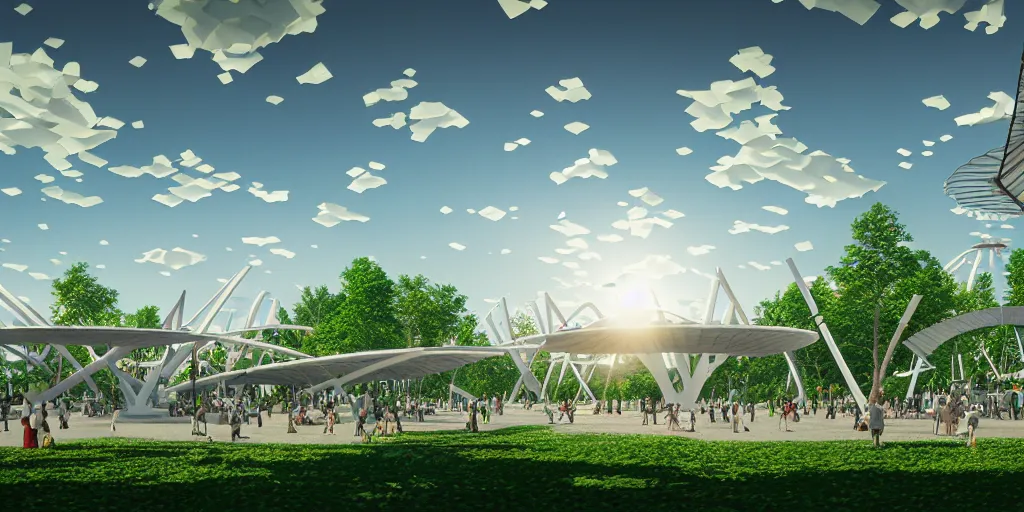 Image similar to montreal expo 6 7 pavillion, solarpunk, studio ghibli, jean - baptiste monge, octane render, 4 k, symmetry