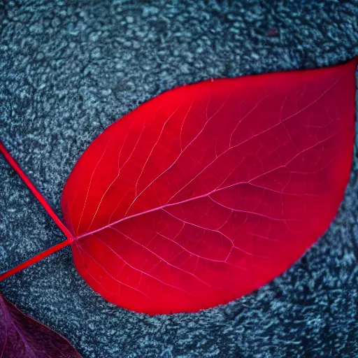 Prompt: closeup photo of a red leaf at sunset, backlighted, professional photo, nikon d 7 2 0 0, f / 1. 8