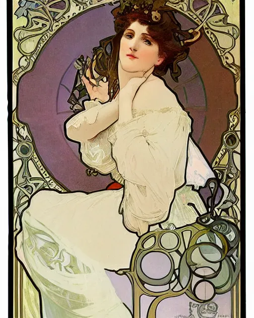 Prompt: painting by alphonse mucha, theater scene with a singer in a white dress, pastel color palette