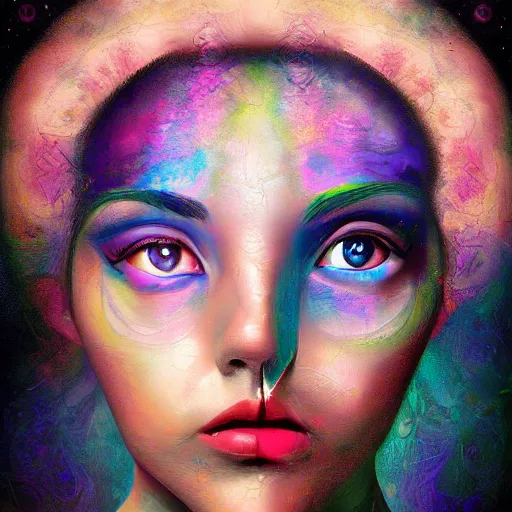 Prompt: painting of a beautiful woman's face, doorway to another world in the middle of her forehead, digital art