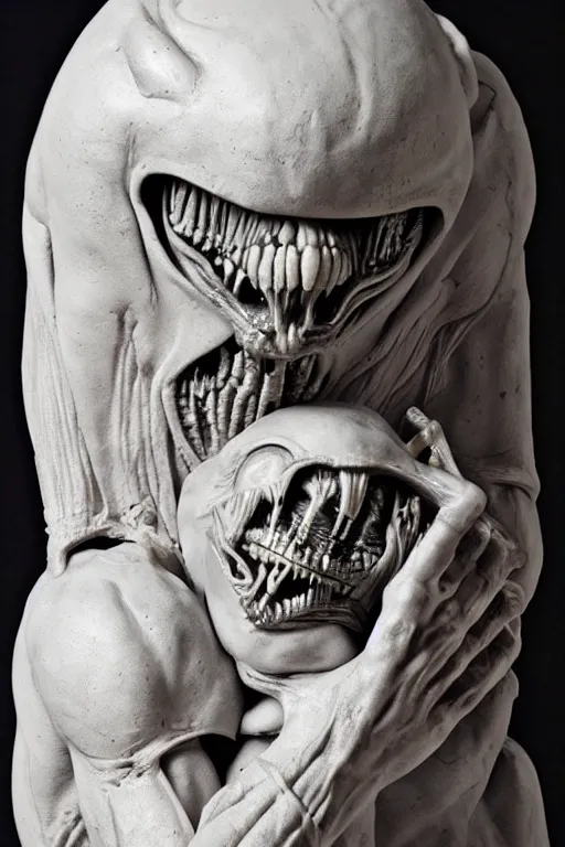 Image similar to giger sculpture of an alien from the movie alien holding a severed human by francisco jose de goya, giger, pixiv, vanitas, chiaroscuro, grotesque, demonic photograph