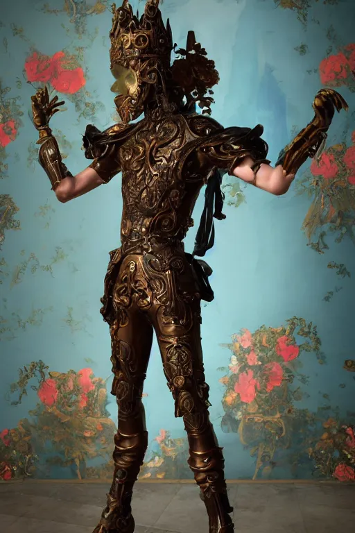 Image similar to a young handsome Spanish prince in a full-body bronze cyberpunk style statue of an android with glowing blue eyes, crown of peach roses, flowing teal-colored silk, fabric, flowers. baroque elements, human skull. full-length view. baroque element. intricate artwork by caravaggio. many many birds birds on background. Trending on artstation, octane render, cinematic lighting from the right, hyper realism, octane render, 8k, depth of field, 3D