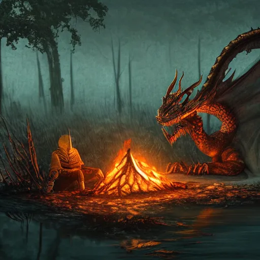 Prompt: Ancient Dragon boss from dark souls 2 sitting near a camp fire, evening time, heavy rain, rain water reflections in ground, digital illustration, crisp details, highly detailed art, 8k image quality, full body camera shot