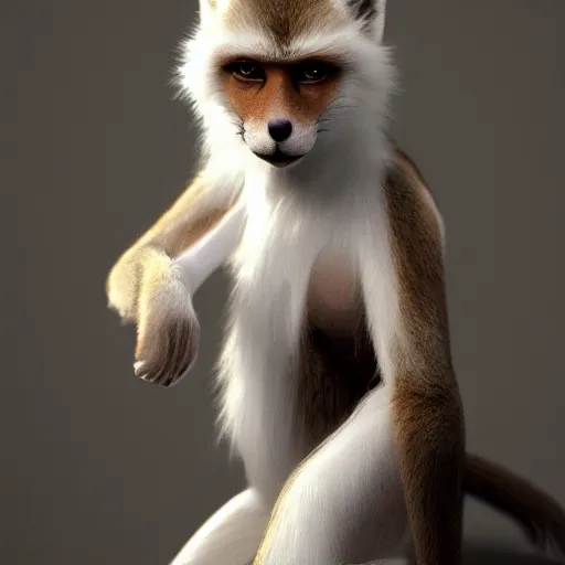 Image similar to fox as a monkey as a cat, fluffy white fur, extremely long tail, award winning creature portrait photography, extremely detailed, artstation, 8 k, sensual lighting, incredible art, wlop, artgerm