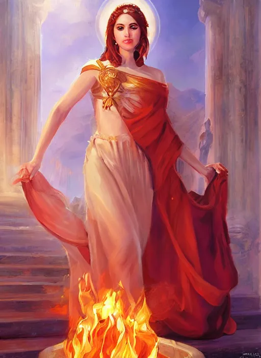 Image similar to Portrait of a beautiful priestess from the oracle of Delphi, looking into the flames, greek mythology, in the style of Julia Ustinovich, digital art, Vladimir Volegov