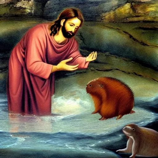 Prompt: real painting of jesus petting a capybara at the river, old painting ultra realistic image