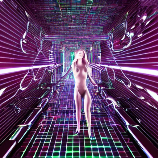 Image similar to chromatic cyborg female discovering her own consciousness in a mirror maze (Unreal Engine, 3D, Reflections, Glossy, Hyer-Realistic, Futuristic, Noise, Gradient)