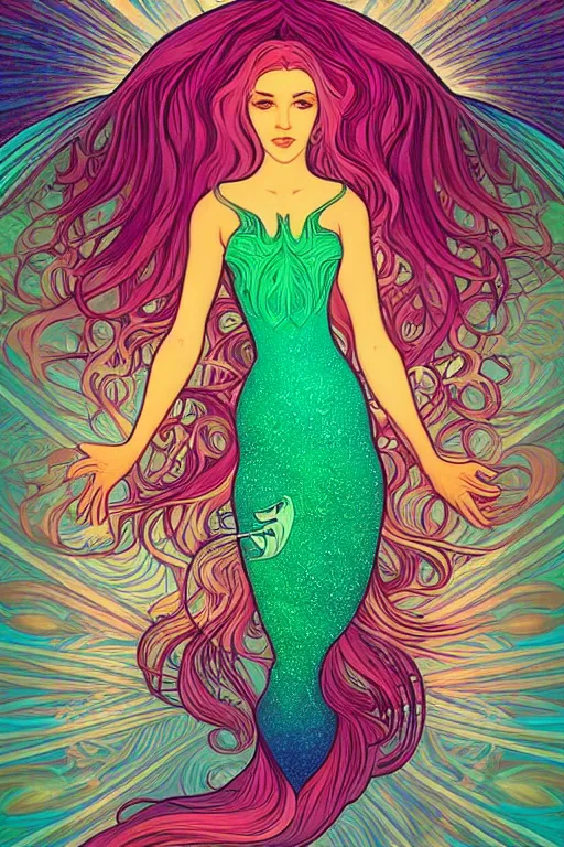 Image similar to a beautiful psychedelic mermaid with a beautiful fin, symmetrical features, cinematic lighting, soft bokeh, fantasy, modern, colourful, highly detailed, digital painting, artstation, deviantart, concept art, sharp focus, illustration, by alphonse mucha and eyvind earle