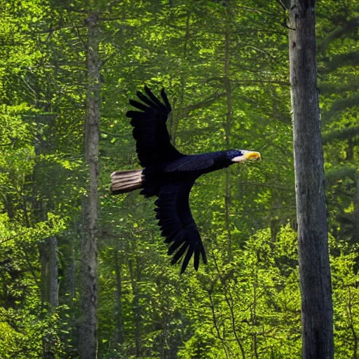 Image similar to black eagle flying over a forest