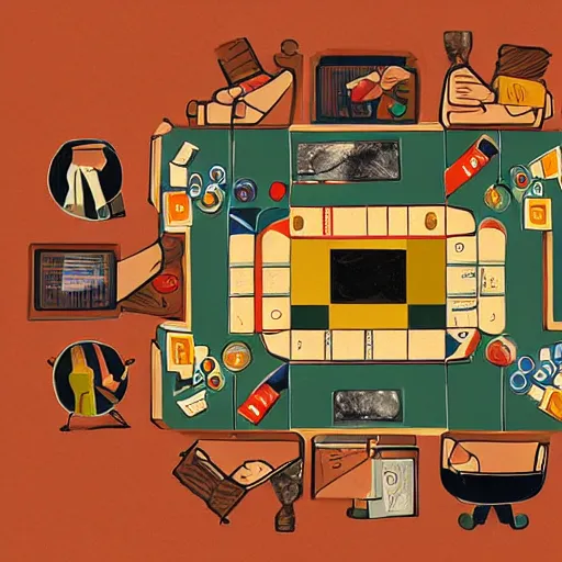 Image similar to A beautiful Leonardo Vavinci illustration of a table where smart people sit and play a board game.