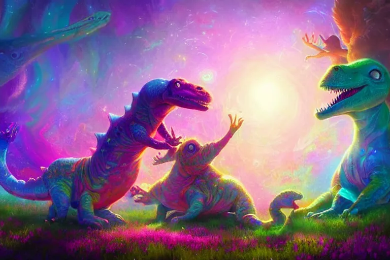 Image similar to a psychedelic realm made entirely out of love and acceptance and hypercolors. astral beings sharing love. cute smiling glowing skin glowing chibi style pixar baby dinosaurs in the style of greg rutkowski and wlop and lisa frank! and bob ross!!! and ruan jia, illustration, epic, fantasy, hyper detailed, smooth, unreal engine, sharp focus, ray tracing