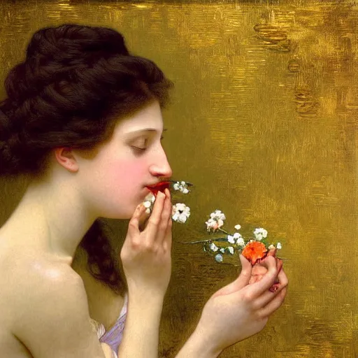 Image similar to painting portrait of a woman eating a flower, intricate, elegant, digital painting, smooth, sharp focus, shiny gold, realistic gold, realistic metal, by William-Adolphe Bouguereau and Gustav Klimt,