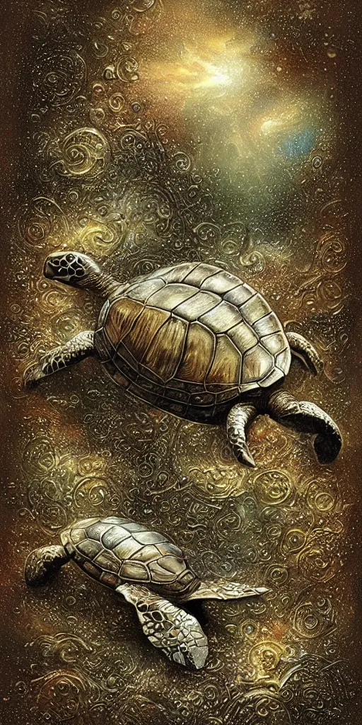 Image similar to a turtle with a metallic shell running in the middle of the rain, ornaments intricated, luis royo background sky airbrush art