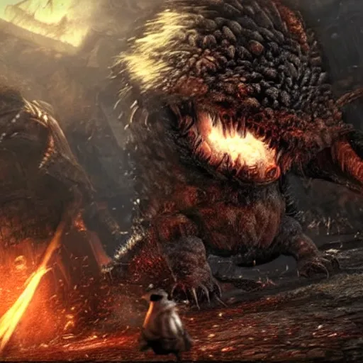 Prompt: a hamster fighting a monster in dark souls 3