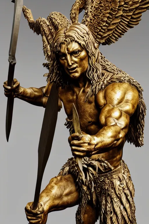 Prompt: photo taken of an epic intricate, ultra detailed, super realistic sculpture of a ancient winged demonic guardian statue holding an axe, sculpture on display, created by weta workshop, photorealistic, sharp focus, f 0. 4, face centred, golden ratio