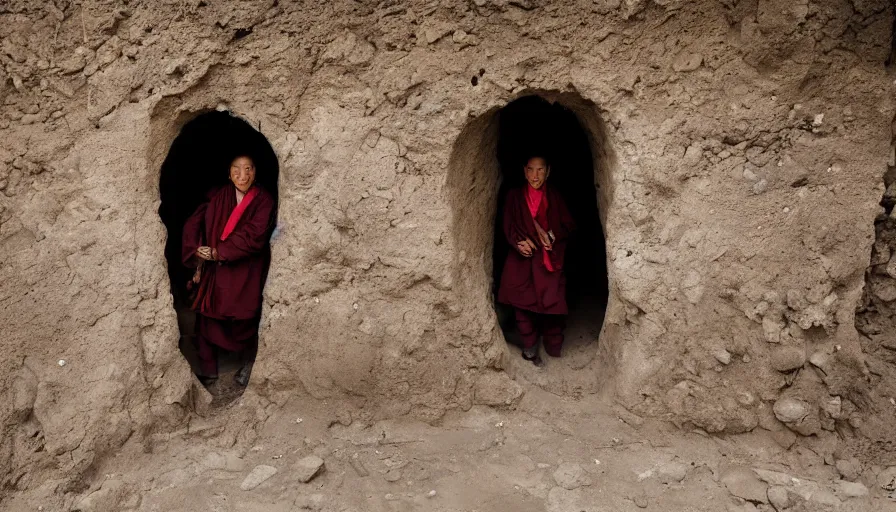 Prompt: a tibetan man in a flesh barque in a tiny tunnel of root, leica sl 2