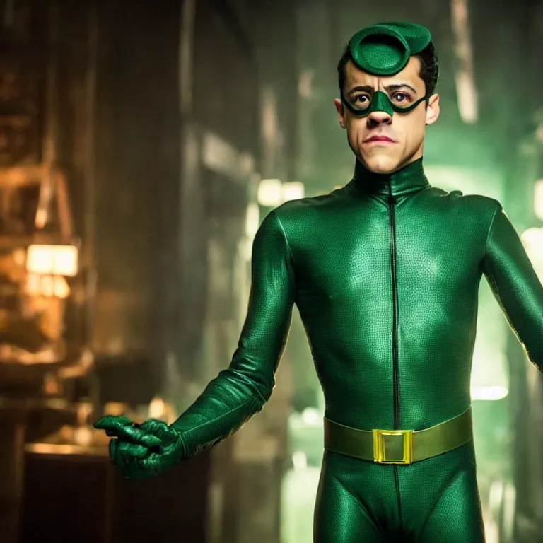 Prompt: rami malek as the riddler, movie still, 8 k, hdr, atmospheric lighting