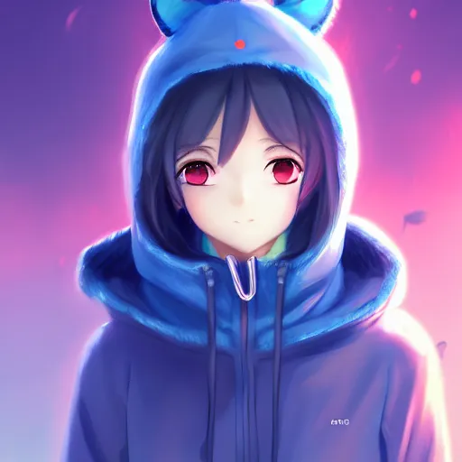 Image similar to advanced anime character art render, beautiful anime girl wearing a whale skin hoodie outfit ,big blue watery eyes, mid shot , medium shot, Rossdraws, WLOP , Sakimimichan