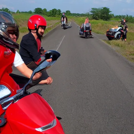 Image similar to capybara riding a red motorcycle with the crew, ultra realistic image