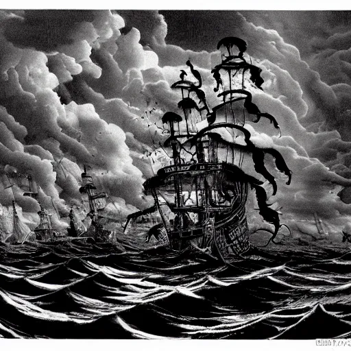 Prompt: a highly detailed hyperrealistic scene of a ship being attacked by giant squid tentacles, jellyfish, squid attack, dark, voluminous clouds, thunder, stormy seas, pirate ship, dark, high contrast, yoji shinkawa, scary, m.c. Escher, highly detailed, brutal, beautiful, octopus arms attacking the ship from the storm, illusion