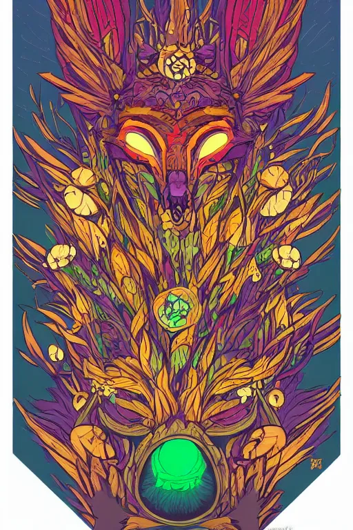 Image similar to animal mask totem roots flower tribal feather gemstone plant wood rock shaman vodoo video game vector cutout illustration vivid multicolor borderlands comics by josan gonzales and dan mumford radiating a glowing aura