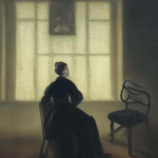 Image similar to a woman sitting on a chair inside of a dark, foreboding room, a face is depicted in the background, 1 7 0 0 s oil painting, dark art, vignette, bloom effect, cgsociety, artstation, 4 k, 8 k