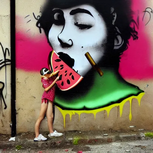 Image similar to noa kirel eats a watermelon, graffiti, photograph, made by banksy, yellow and brown colors, spray brush, midday, sunny, professional