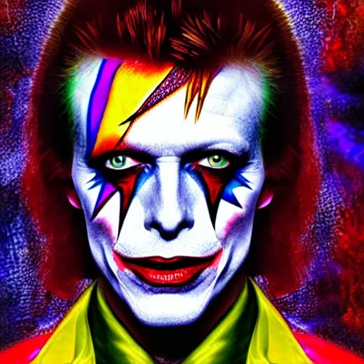 Prompt: an extremely psychedelic portrait of david bowie as the joker, surreal, lsd, face, detailed, intricate, elegant, lithe, highly detailed, digital oth, sharp focus, illustration,