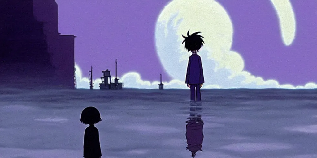 Prompt: hyperrealist studio ghibli cartoon of a skinny grey scientist talking to a small purple alien from howl's moving castle ( 2 0 0 4 ). flooded, moody, misty, depth perception.