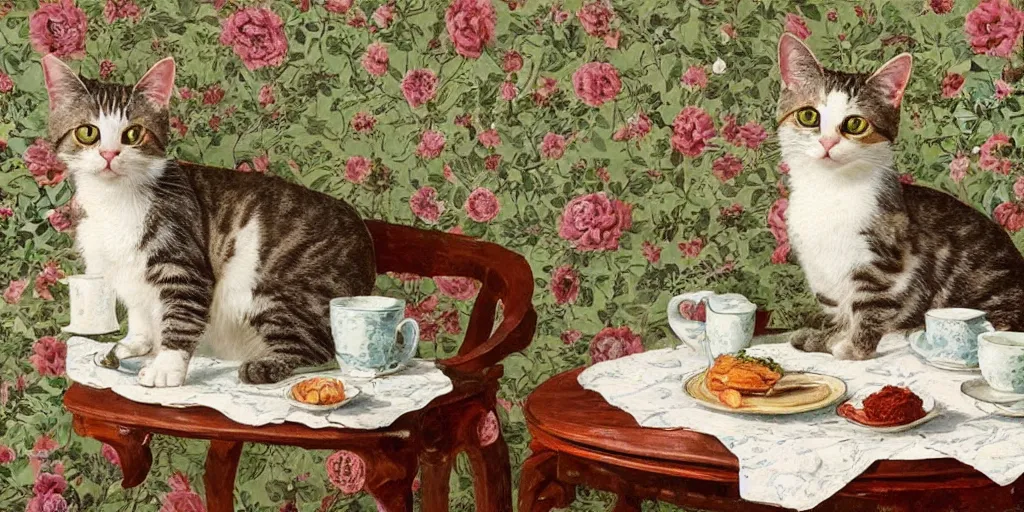 Image similar to portrait of a cat on a chair at a coffee table full of food, flowery wallpaper, beautiful sunny day, 1 8 8 0 s style