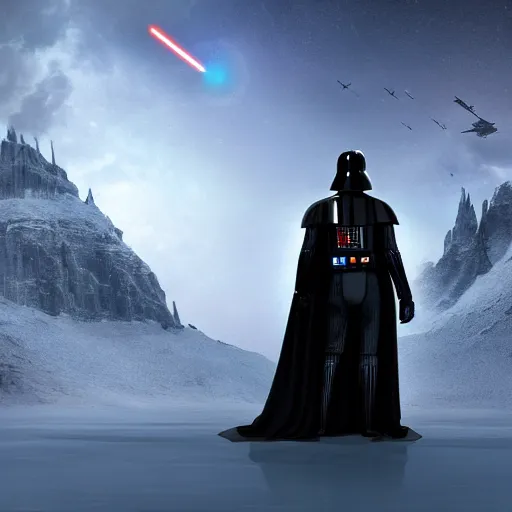 Prompt: darth vader's back in silhouette is in the foreground on the left, in the background on the right is is a superhero man who is made of ice, dangerous icy environment, cinematic, graphic novel, matte fantasy painting, extremely high detail, photo realistic, 4k, post processed, Artstation