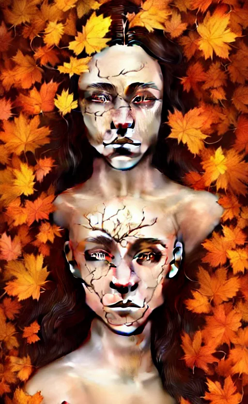 Prompt: gorgeous stella maeve magician, realistic character concept, overhead shot, drone shot, elegant pose, spooky, illustration, symmetrical face and body, cinematic lighting, detailed realistic symmetrical eyes, 8 k, joshua middleton, artgerm, tom bagshaw, single face, insanely detailed and intricate elegant, autumn leaves