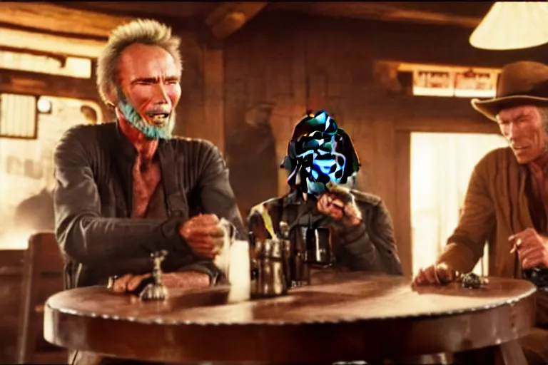 Prompt: film still of clint eastwood aiming a colt in tavern scene in new star wars 4 k