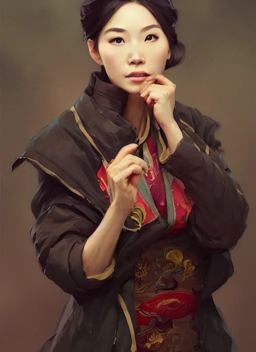 Prompt: beautiful grocery chinese woman in coat ， winer ， wenjun lin intricate, elegant, highly detailed, digital painting, artstation, concept art, matte, sharp focus, illustration, hearthstone, art by artgerm and greg rutkowski and alphonse mucha