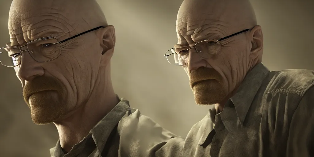 Image similar to Walter White finding a new hatch in lost, face enhance, insandely detailed, photo realistic, cinematic lighting, trending on artstation, 4k, hyperrealistic, focused, extreme details, unreal engine 5, cinematic, masterpiece