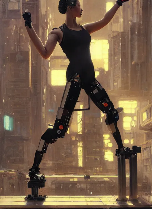 Image similar to buff cyberpunk olympic weightlifter with robotic arms wearing a jumpsuit ( blade runner 2 0 4 9, cyberpunk 2 0 7 7 ). orientalist portrait by john william waterhouse and james gurney and theodore ralli and nasreddine dinet, oil on canvas. cinematic, hyper realism, realistic proportions, dramatic lighting, high detail 4 k