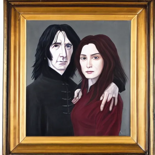 Prompt: A portrait of Severus Snape and Lily Potter, oil painting