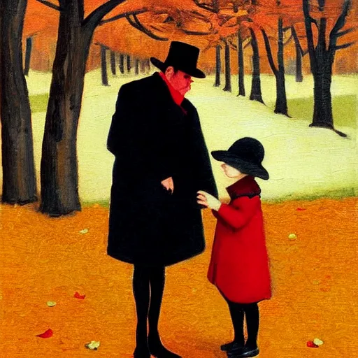 Image similar to A thin man in a black coat and bowler hat talks with small girl who is dressed in a red coat and a red hat, park, autumn, 1923, oil painting style, wide angle, high detail, width 768