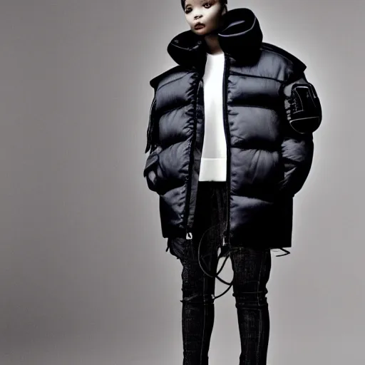 Image similar to realistic photoshooting for a new balenciaga lookbook color film photography of a beautiful woman model, model wears a puffer jacket, photo in style of tyler mitchell, ssense