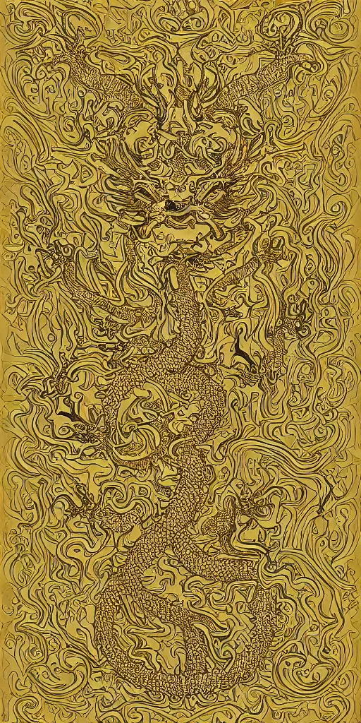 Image similar to golden paper + an intricate dragon depiction + symmetry + elaborate illustration