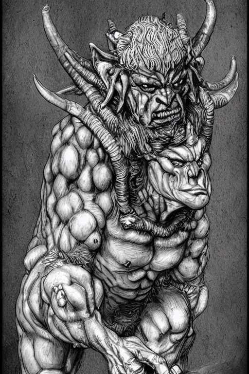 Image similar to humanoid hunched figure troll with 1 horn, ogre, fantasy, highly detailed, digital art, sharp focus, trending on art station, kentaro miura manga art style