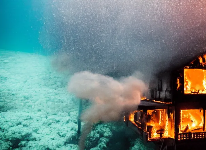 Prompt: dslr photo still of a house on fire under the water under water at the bottom of the ocean with lots of bubbles and light rays, 8 5 mm f 1. 8