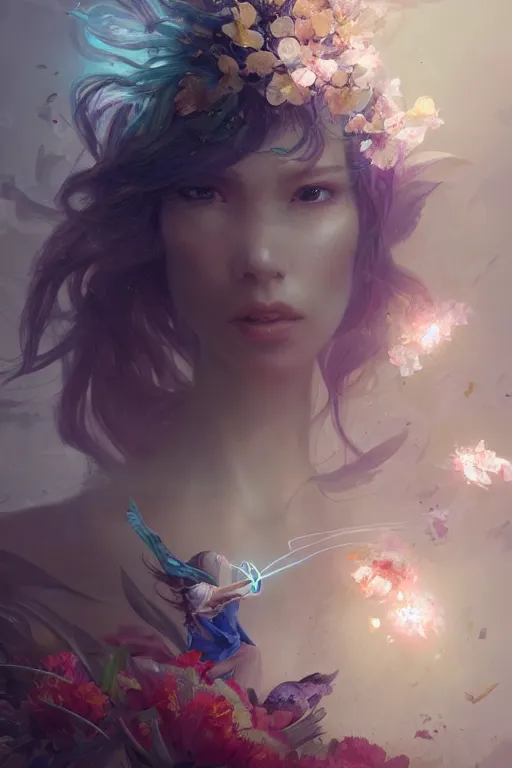 Prompt: beautiful girl exploding into flowers, angels, 3 d render, hyper - realistic detailed portrait, holding electricity and birds, ruan jia, wlop. scifi, fantasy, hyper detailed, octane render, concept art, peter mohrbacher